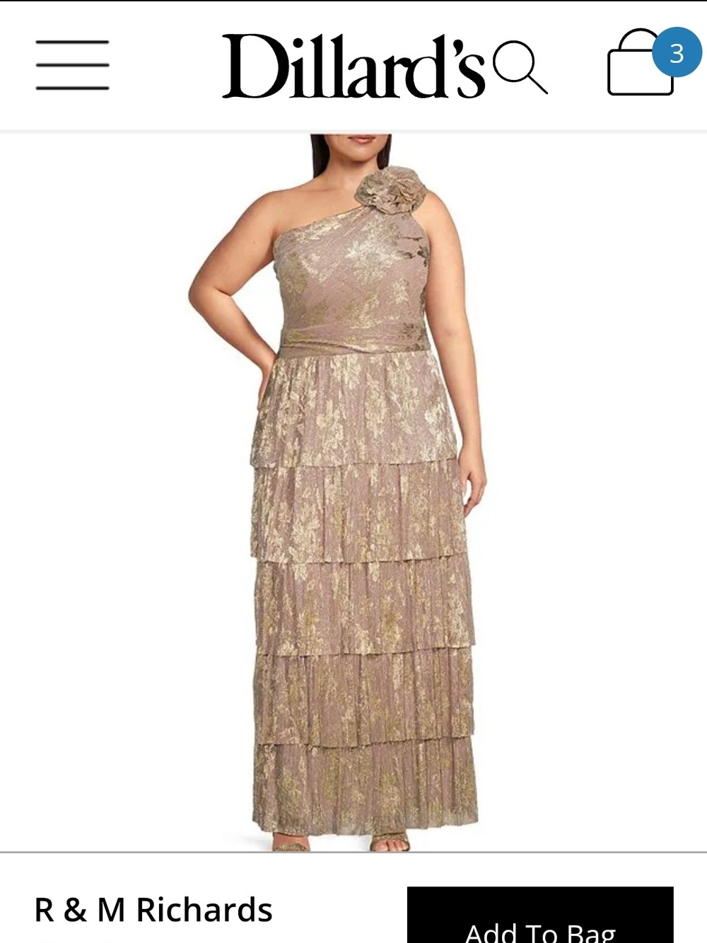 R&M Richards Taupe and Gold One-Shoulder Tiered Evening Gown